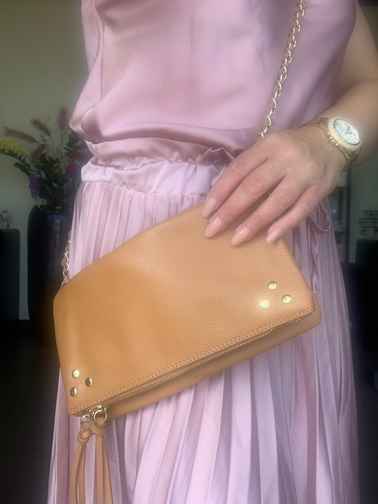 lederen tasje Camel met rits sluiting