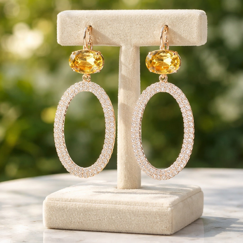 Belluno Crystal Rose statement oorbellen met gele Swarovski kristal en gouden ovale ring - DAMICE Jewelry