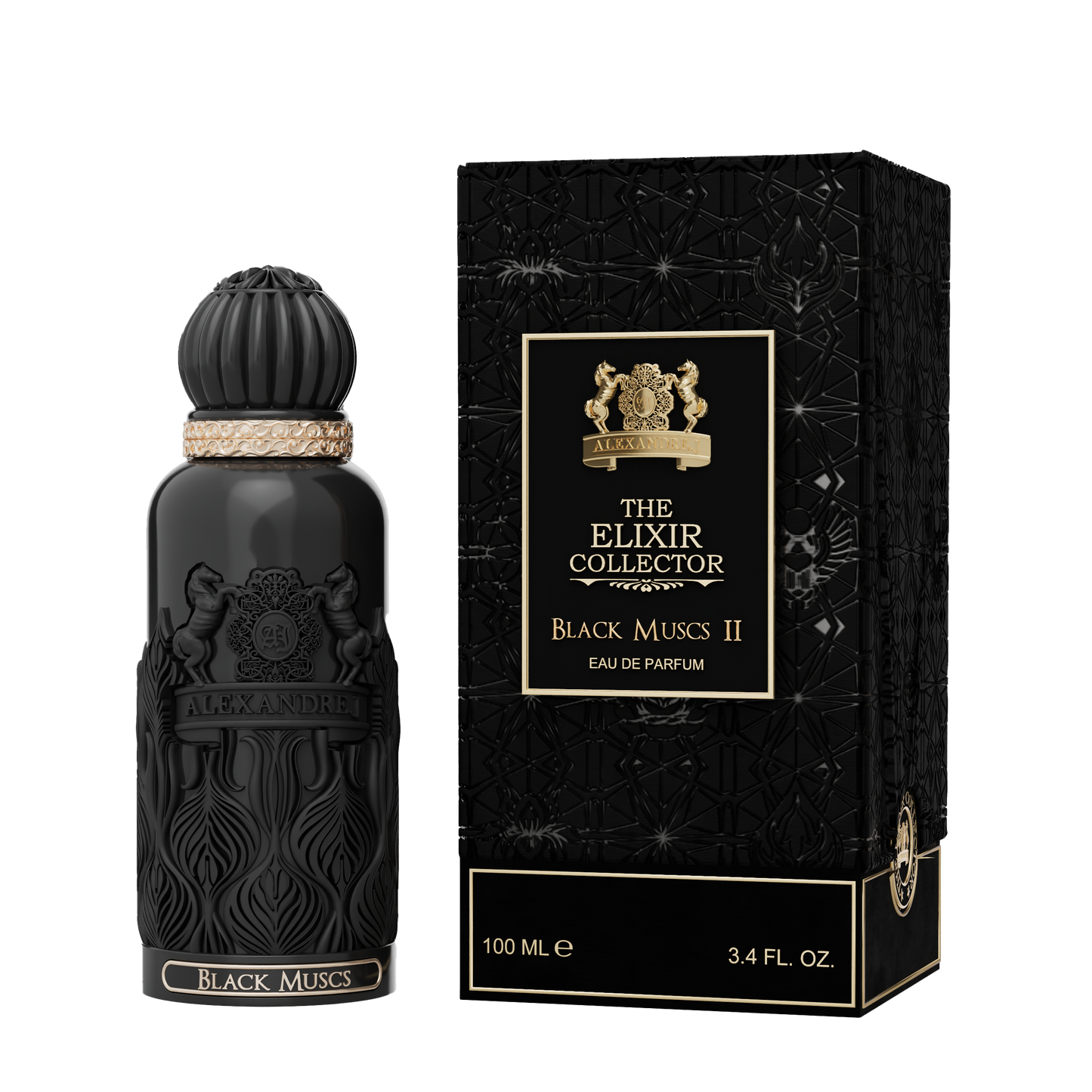 Alexandre J The Elixir Collector Black Muscs II – eau de parfum 100 ml met matzwarte flacon en gouden accenten