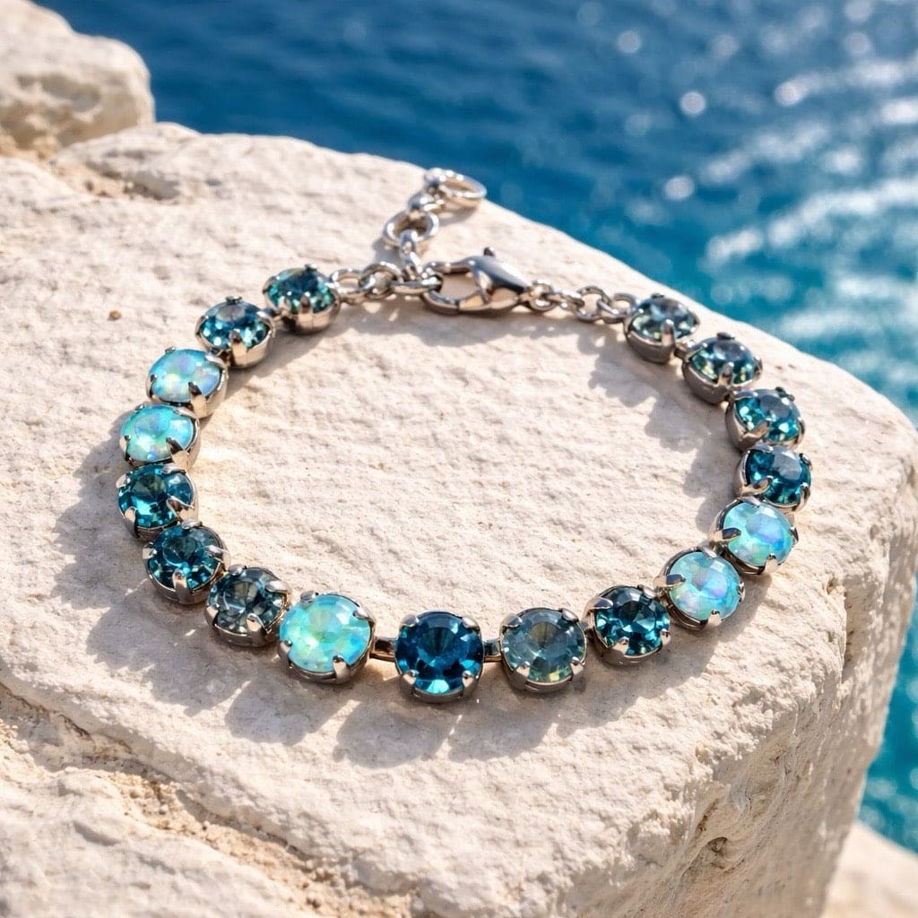 Luxe blauwe kristallen armband met Swarovski stenen op zilververgulde schakelarmband, nikkelvrij en hypoallergeen statement sieraad voor dames
