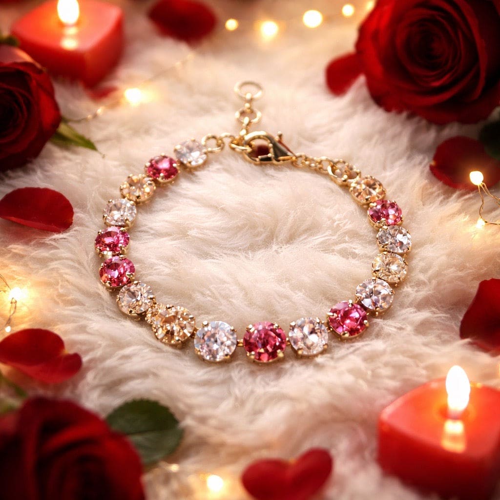 Exclusieve handgemaakte statement armbanden met swarovski kristallen. ontdek deze sprankelende  armbanden van het nieuwe merk Damice Jewelry de Blush Fuchsia Gold Armband.