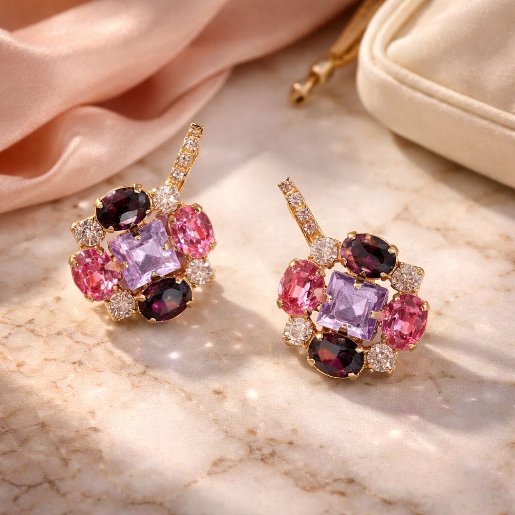 Chloe statement oorbellen pink rosé met Swarovski kristallen in goud - vierkante lila en roze stenen met heldere accenten