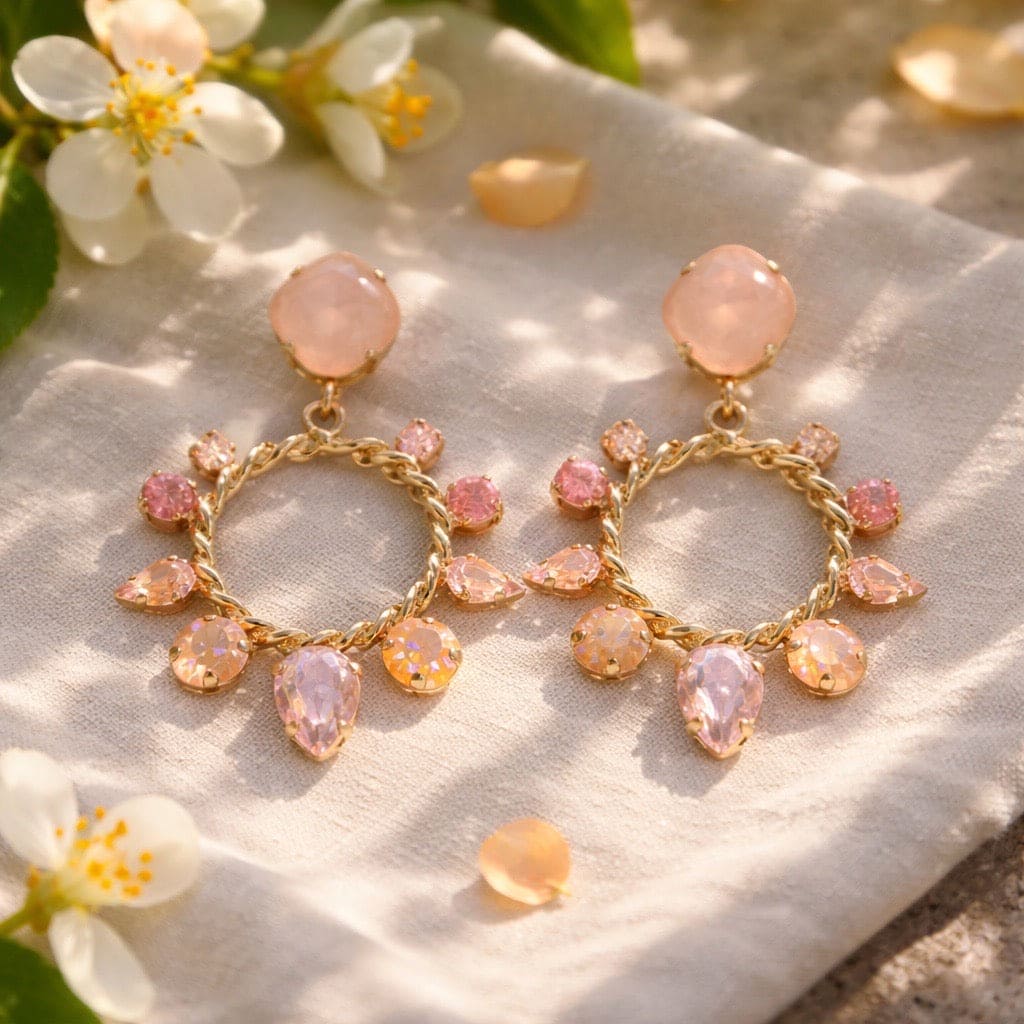 Emily oorbellen pink gold met Swarovski kristallen - close-up van roze statement oorbellen in roségoud design