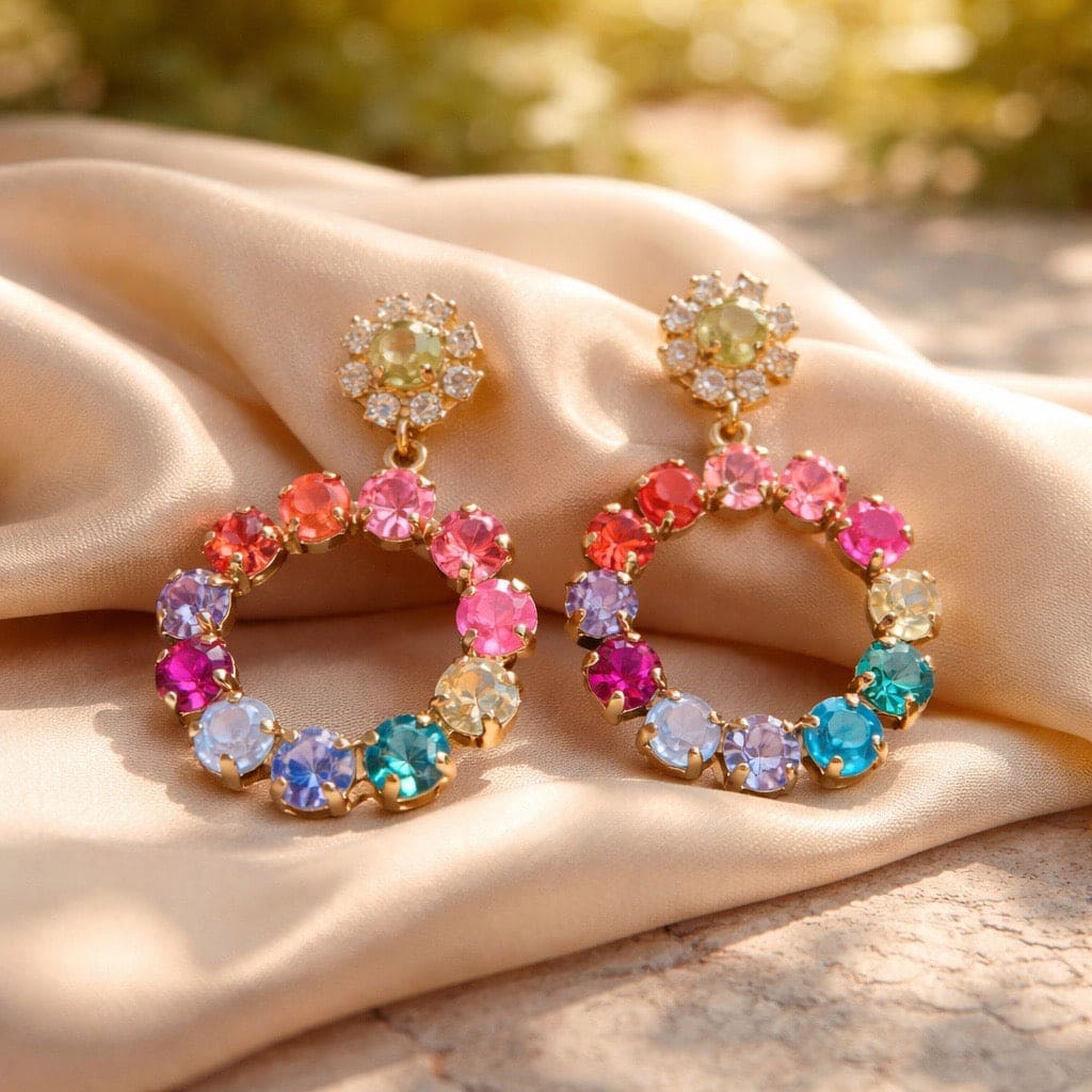 Fidaria Colors oorbellen met veelkleurige Swarovski kristallen in gouden cirkel design