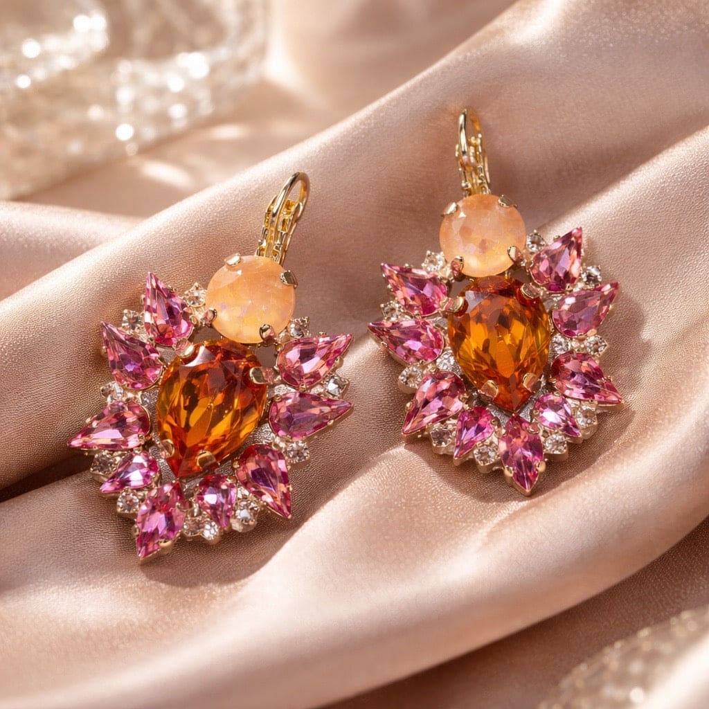 DAMICE luxe statement oorhangers met roze oranje Swarovski kristallen verguld goud - hypoallergeen nikkelvrij
