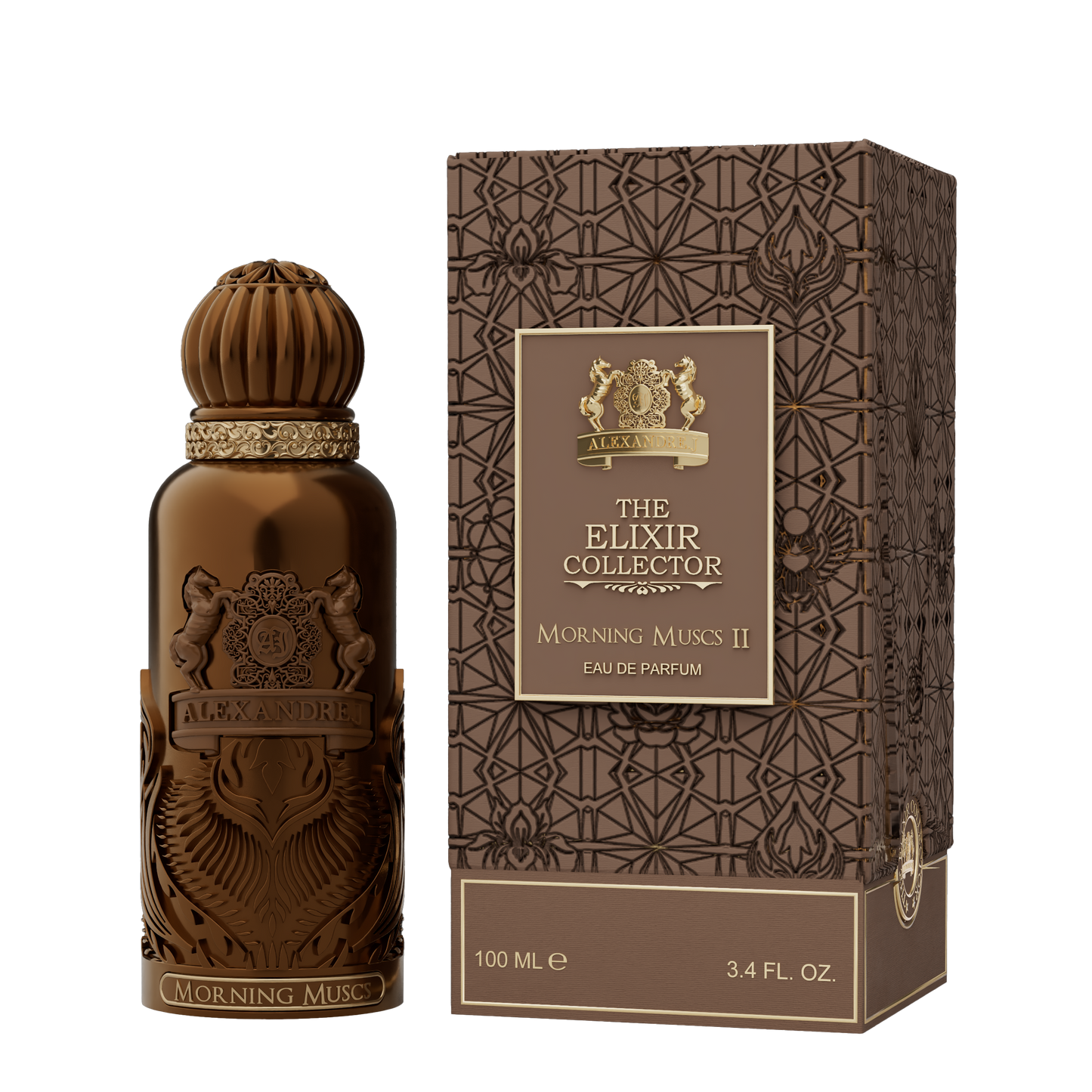 Alexandre J The Elixir Collector Morning Muscs II – eau de parfum 100 ml met warme bruine flacon en gouden accenten