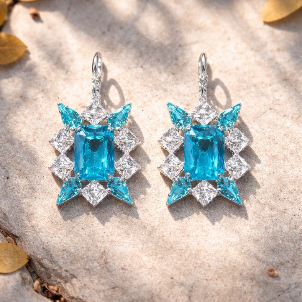 Luxe zilveren oorbellen met turquoise en transparante kristallen in ster-vormig design, zilververgulde nikkelvrije en hypoallergene statement oorhangers voor dames

