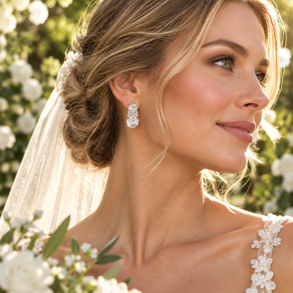 
                  
                    Bruid draagt zilveren oorknoppen met twee Swarovski-kristallen – subtiele en elegante bruidssieraden
                  
                