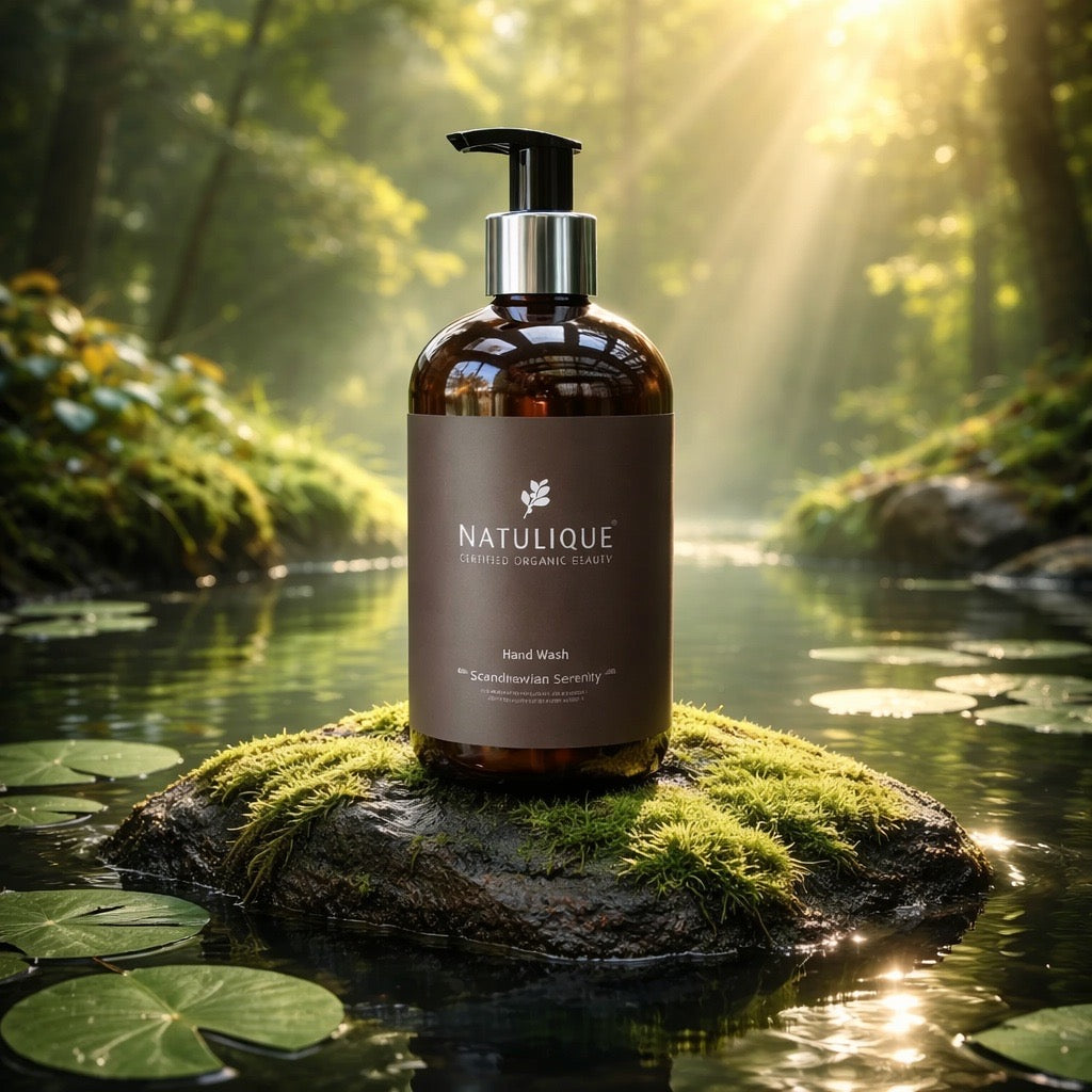 Natulique Hand Wash Scandinavian Serenity 500ml biologische handzeep met pompje in natuurlijke bosmeer setting