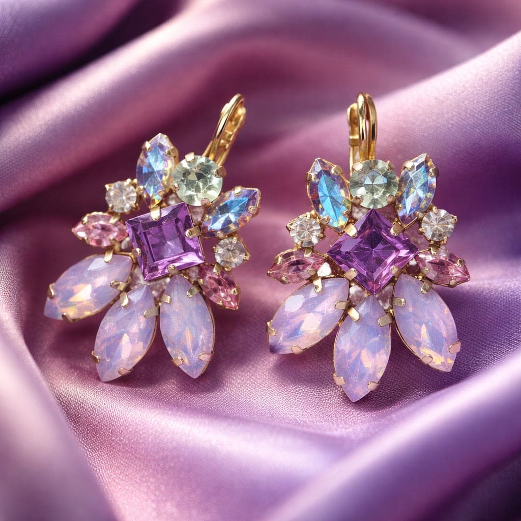 DAMICE Venezia Sparkle Purple statement oorbellen met paarse en blauwe Swarovski kristallen - hypoallergeen nikkelvrij