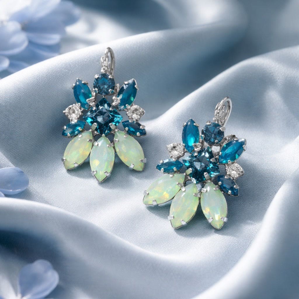 DAMICE Venezia Bleu Silver statement oorbellen met blauwe Swarovski kristallen - hypoallergeen en nikkelvrij